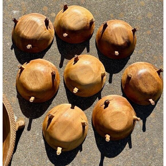 Vintage Monkey Pod Wood Salad Bowl Set Hand Carved Triple Feet Water Buffalo - Picture 2 of 10